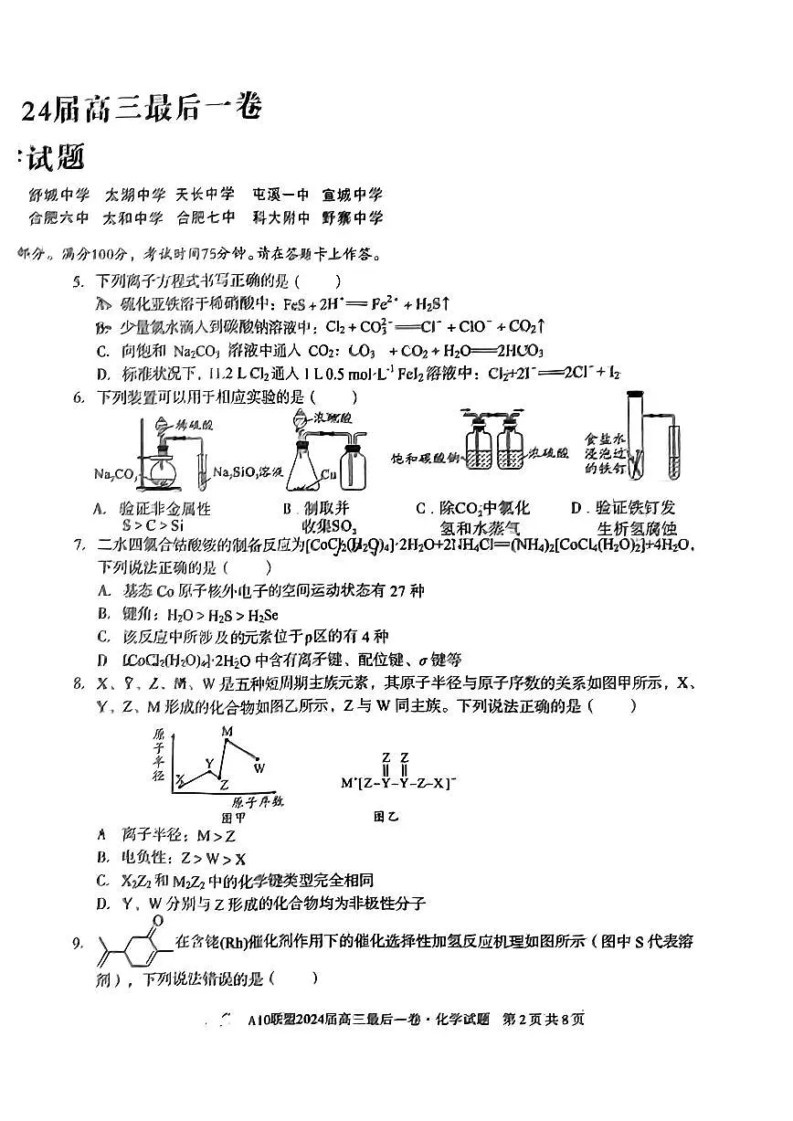 2024届安徽省高三最后一卷-化学(含答案)第2页