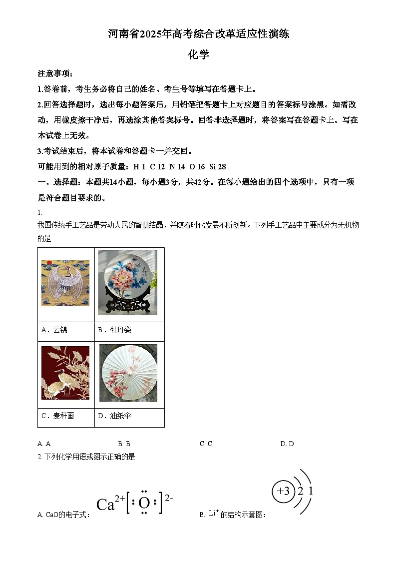 2025年1月八省联考高考综合改革适应性测试——高三化学试卷Word版无答案(河南)第1页