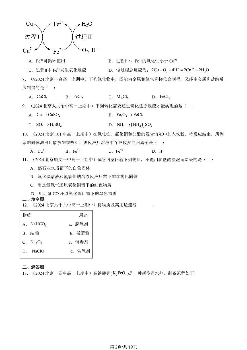 2024北京重点校高一(上)期中真题化学汇编:铁及其化合物第2页