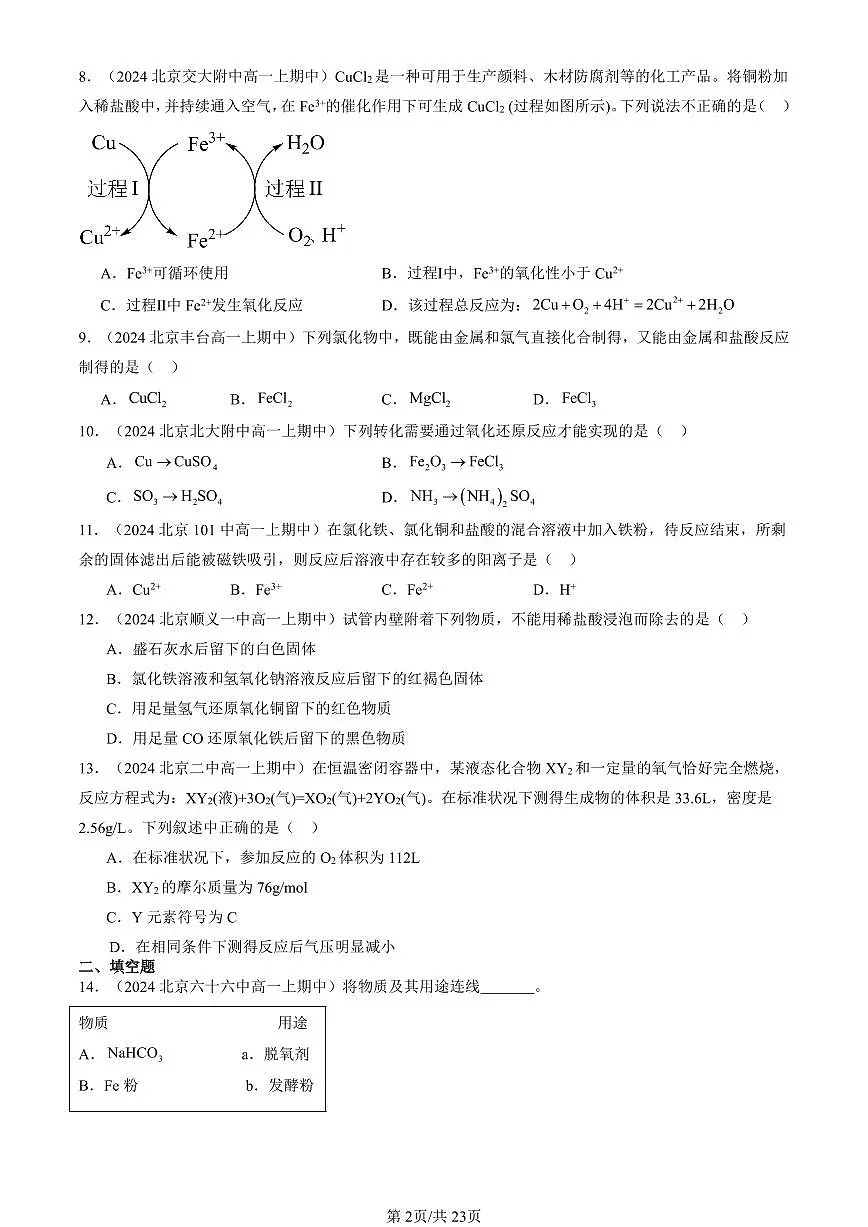 2024北京重点校高一(上)期中真题化学汇编:铁 金属材料章节综合第2页
