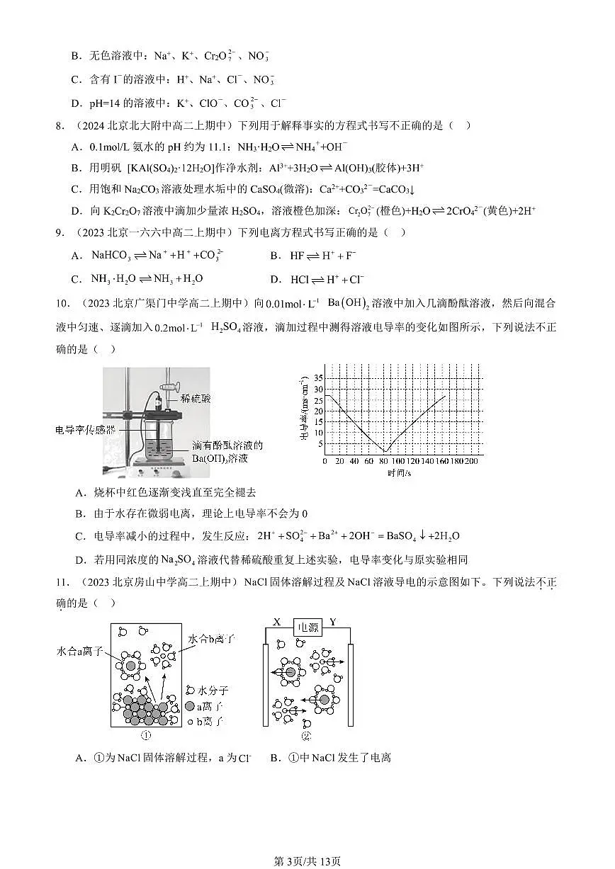 2022-2024北京重点校高二(上)期中真题化学汇编:离子反应第3页