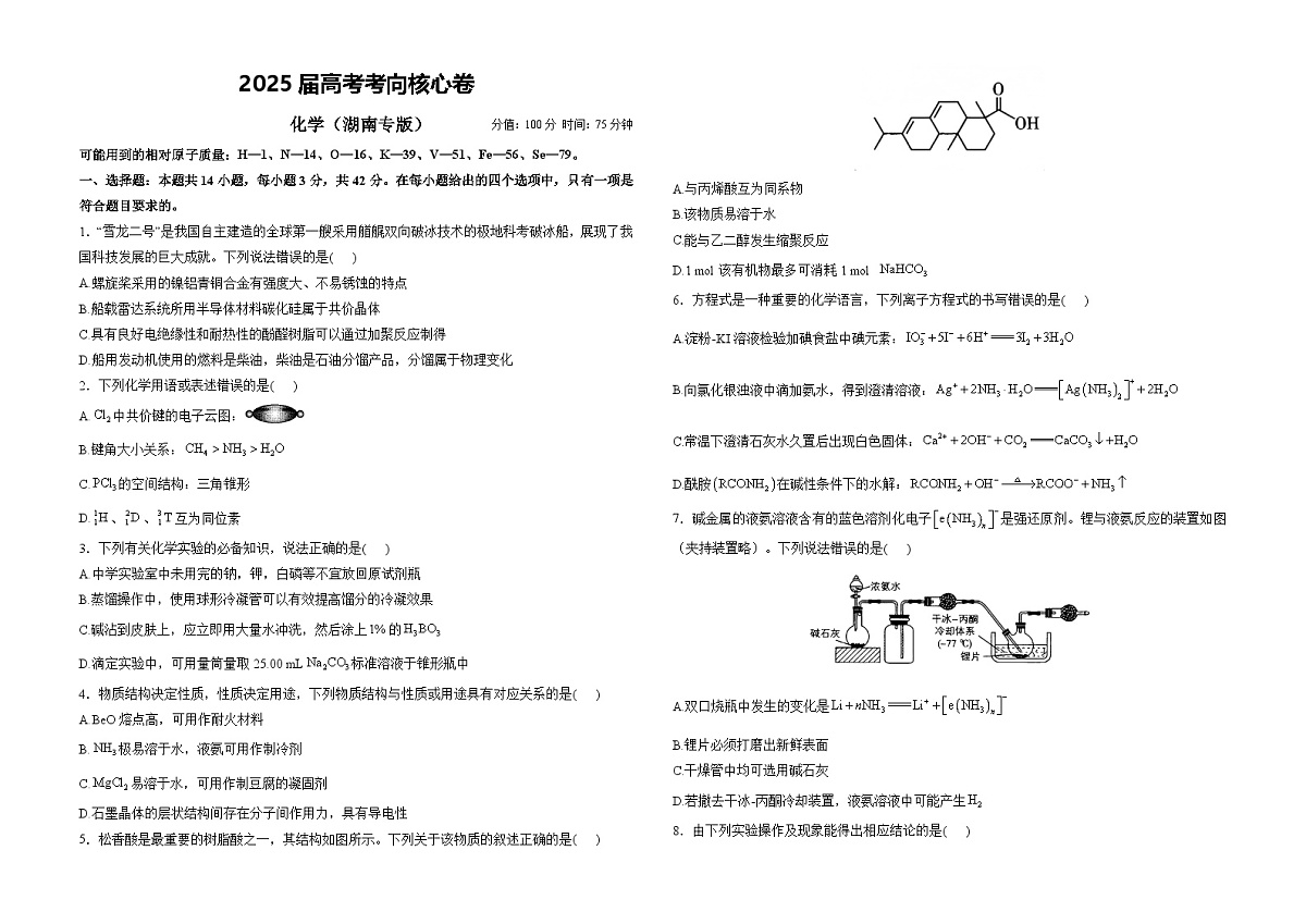 2025届高考化学考向核心卷 湖南专版1(word版)第1页