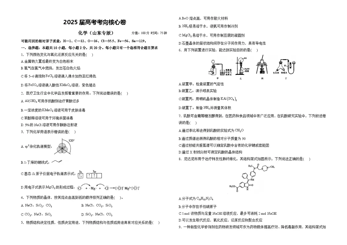 2025届高考化学考向核心卷 山东专版1(word版)第1页