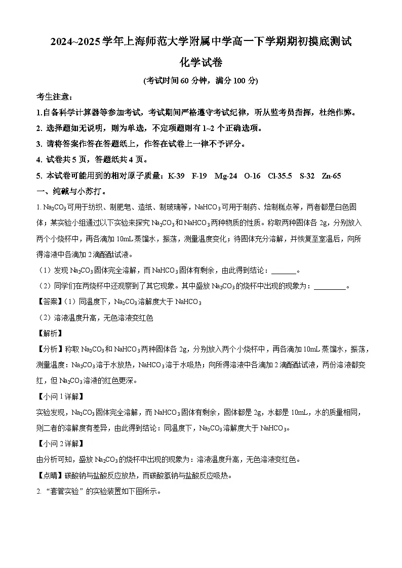 上海市上海师范大学附属中学2024-2025学年高一下学期开学考试 化学试题(含解析)第1页