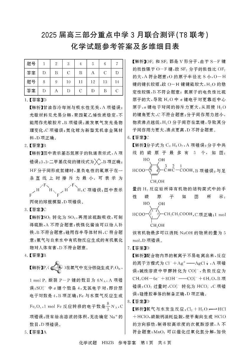 2025届高三下学期联合测评(T8联考)化学答案第1页