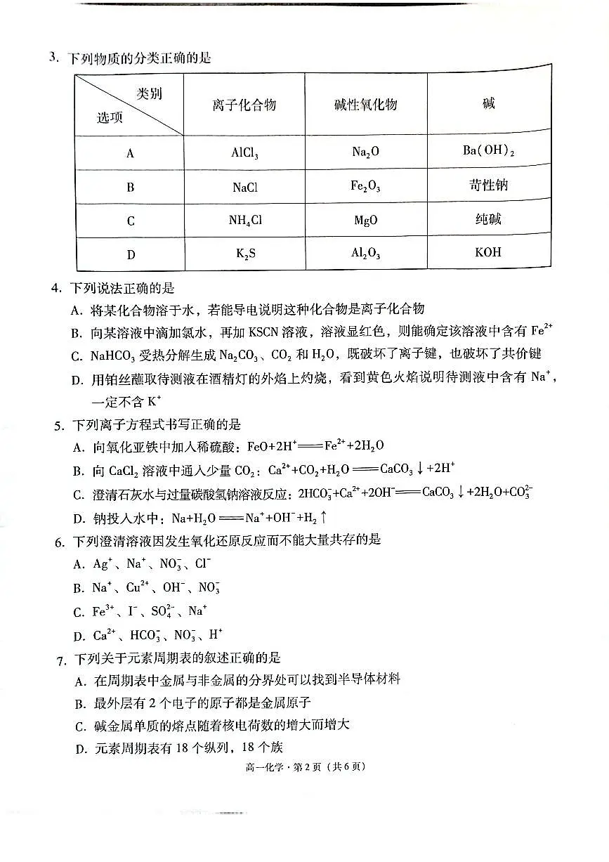 云南省保山市2024-2025学年高一上学期期末质量监测化学试卷(无答案)第2页