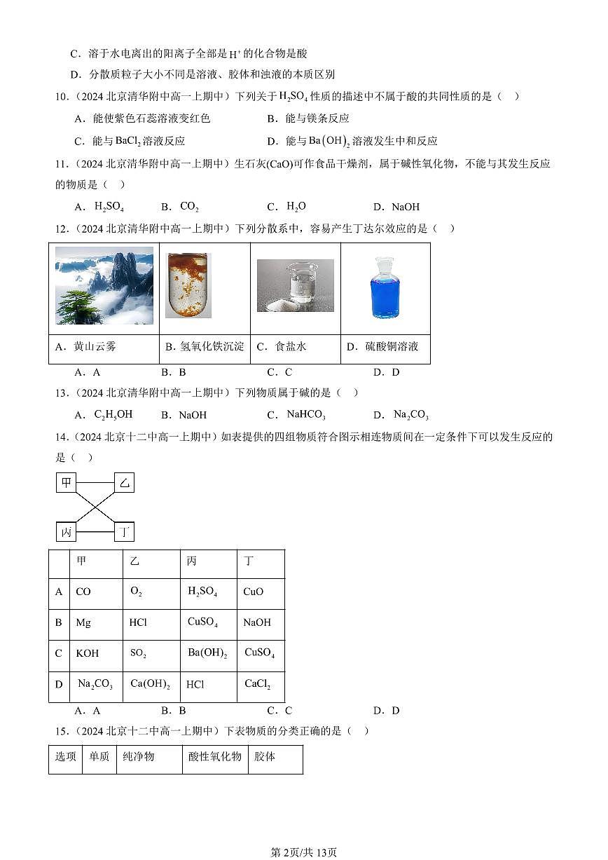 2024北京重点校高一(上)期中真题化学汇编:元素与物质分类(鲁科版)1第2页