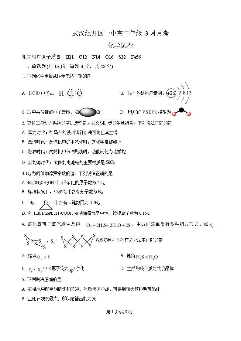 湖北省武汉经济技术开发区第一中学2024-2025学年高二下学期3月月考 化学试题(原卷版)第1页