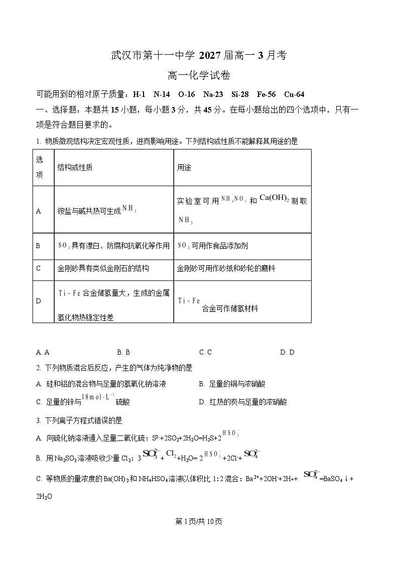 湖北省武汉市第十一中学2024-2025学年高一下学期3月月考化学试卷(原卷版)第1页