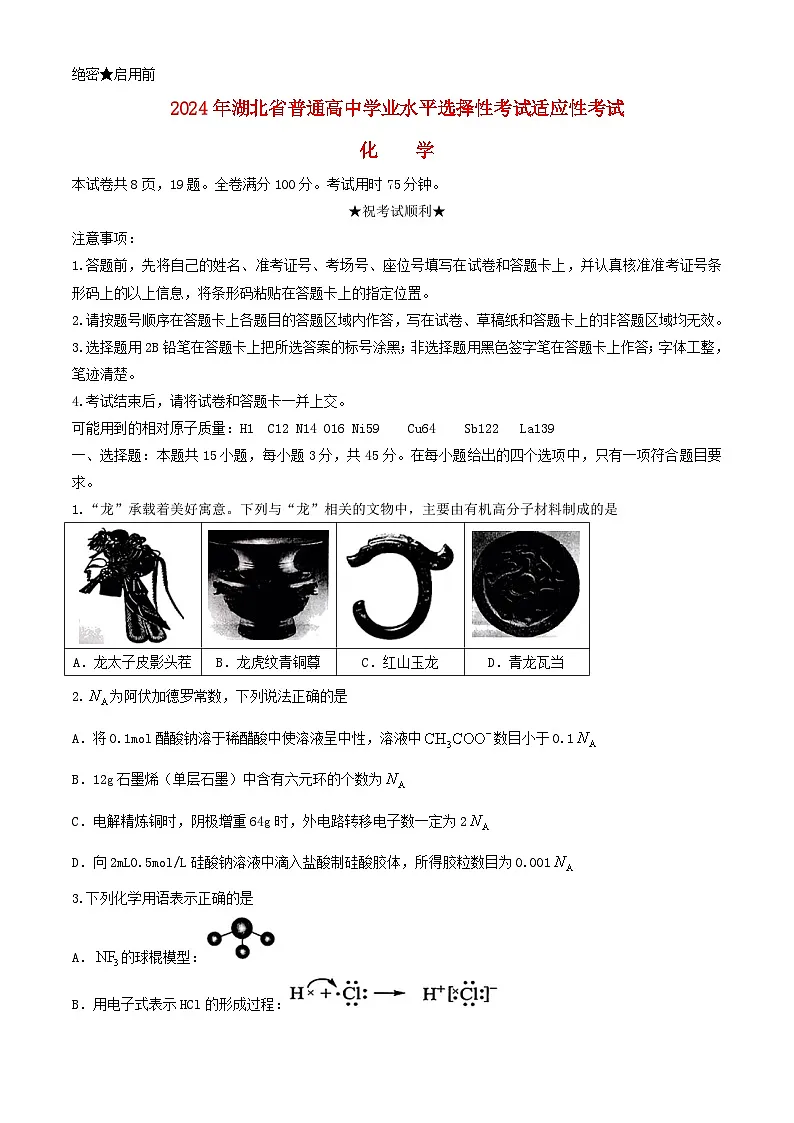 湖北省襄阳市2024届高三化学下学期一模试题第1页