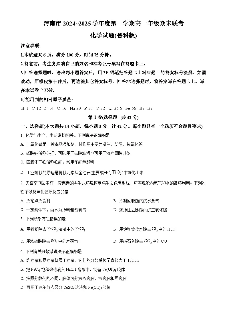 陕西省渭南市2024-2025学年高一下学期期末考试化学试卷第1页