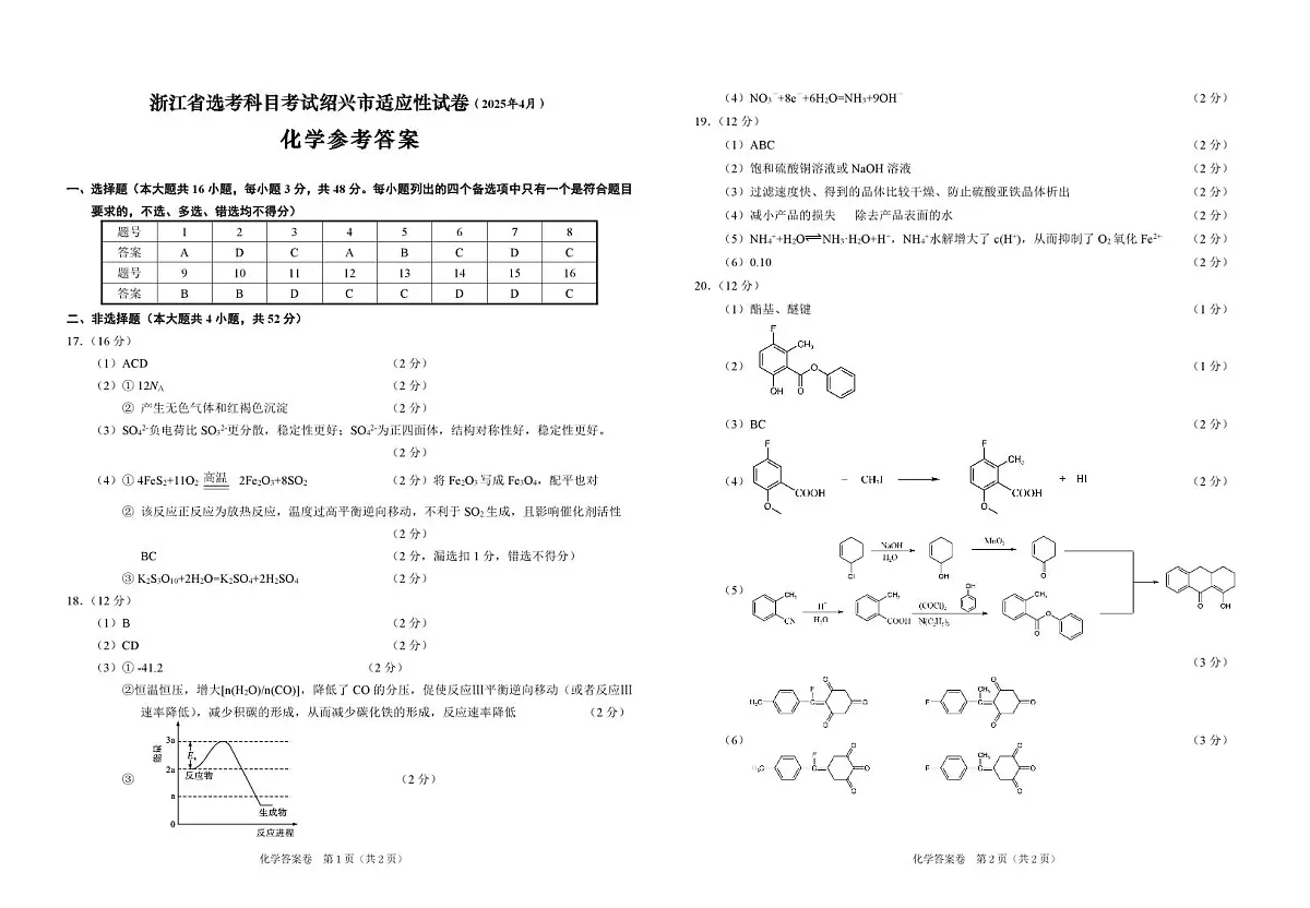 绍兴二模化学参考答案2025.4第1页