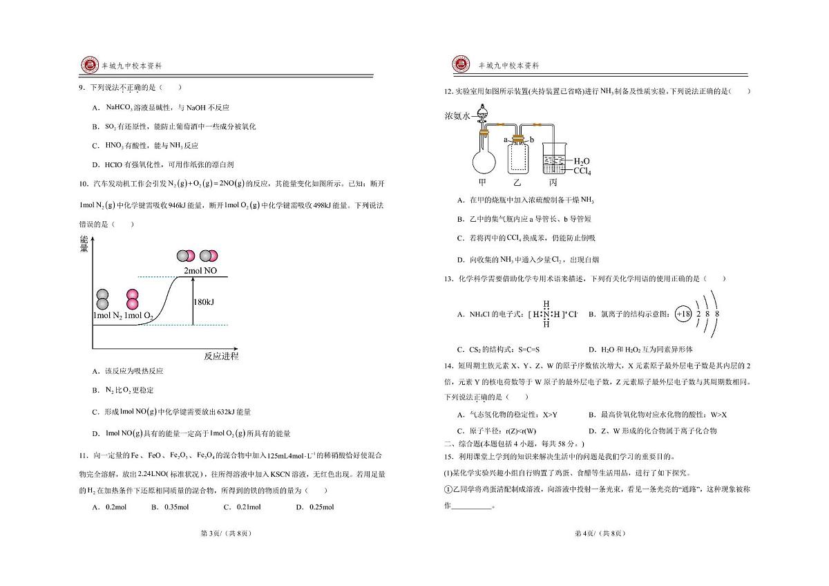 江西省宜春市丰城市第九中学2024-2025学年高一下学期期中考试化学试题第2页