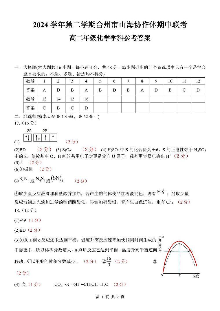 高二化学参考答案(1)第1页