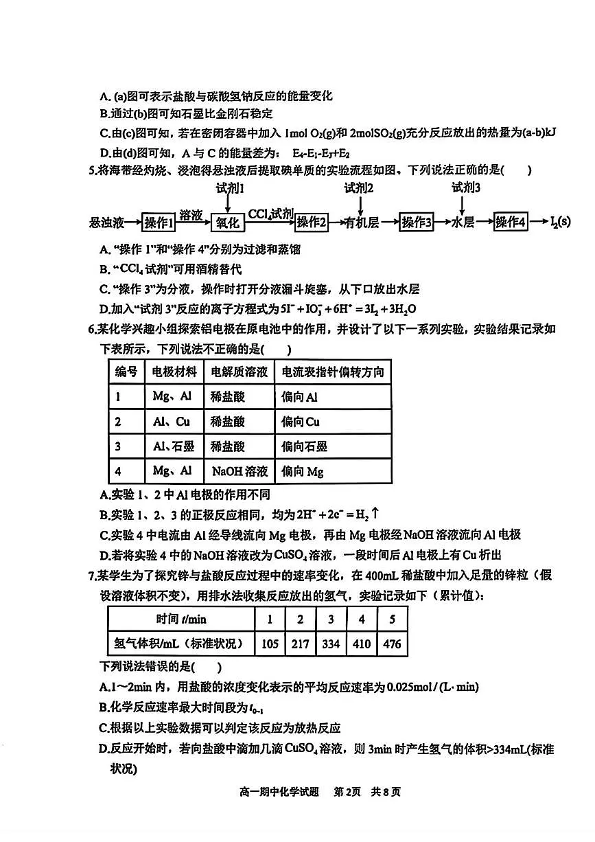 山东省实验中学2024-2025学年高一下学期期中考试 化学试题(PDF版,含答案)第2页