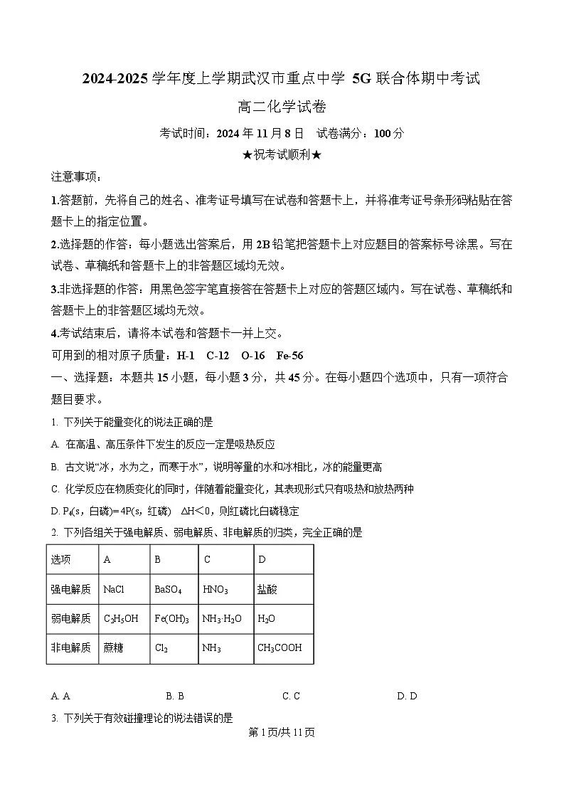 湖北省武汉市重点中学5G联合体2024-2025学年高二上学期期中考试 化学试题(原卷版)第1页