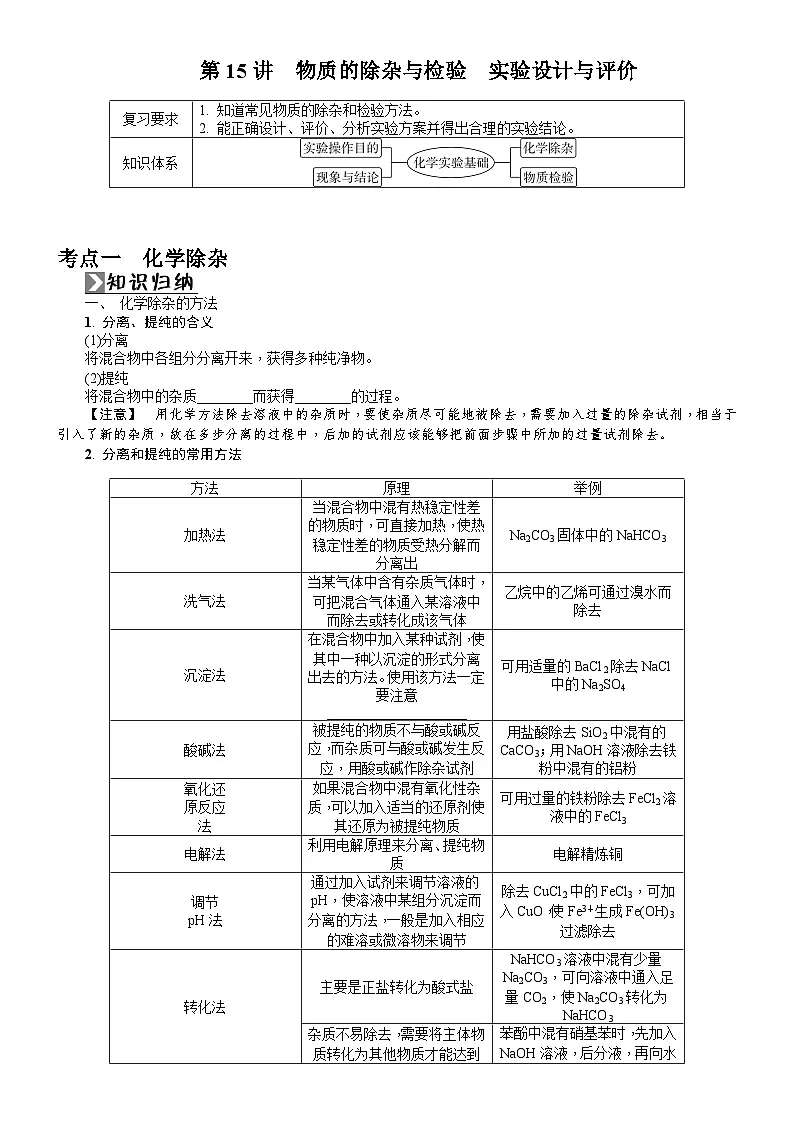第15讲 物质的除杂与检验 实验设计与评价 学案(含答案)2026届高三化学一轮总复习第1页
