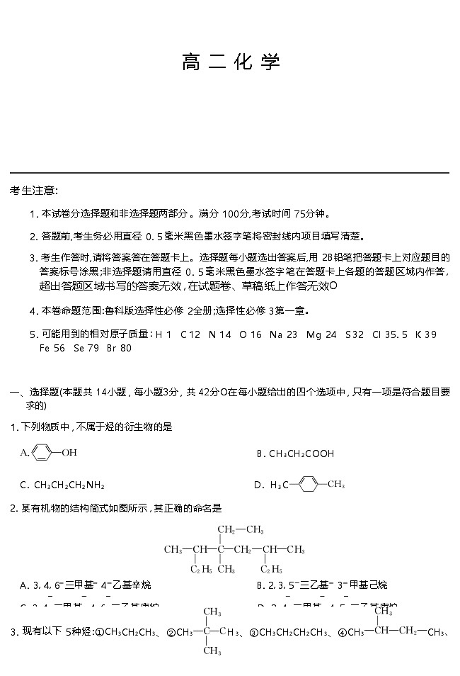 山東省濟(jì)南市2024~2025學(xué)年度下學(xué)期4月質(zhì)量檢測   高二化學(xué)（含答題卡、答案）第1頁