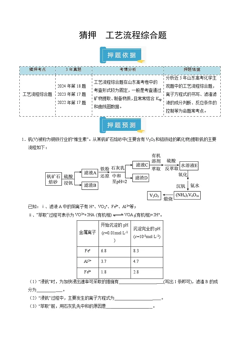 备战2025年高考化学抢押秘籍(山东专用)猜押工艺流程综合题(学生版)第1页