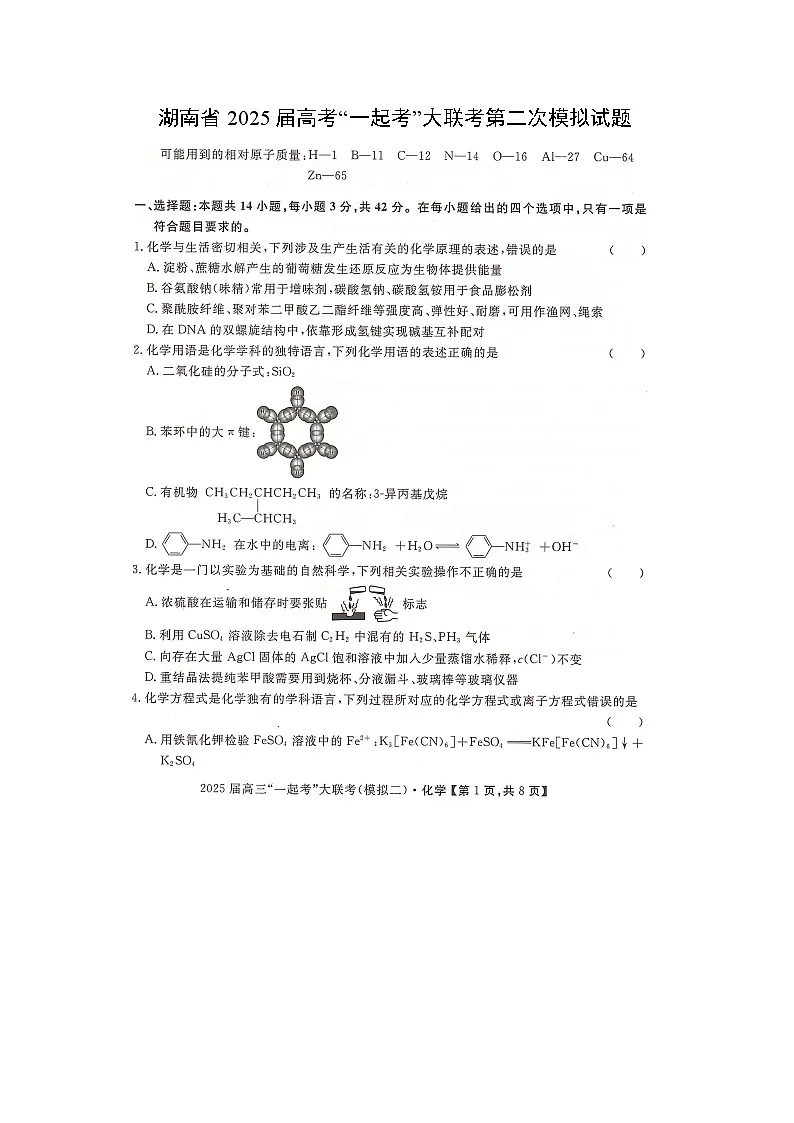 湖南省2025届高考“一起考”大联考第二次模拟(扫描版)化学试卷第1页