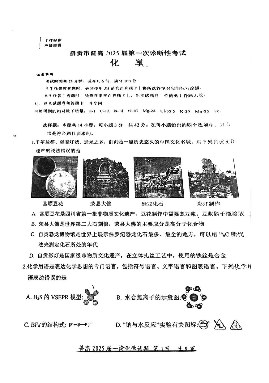 四川省自貢市2025屆高三第一次診斷考-化學(xué)試卷（含答案）第1頁(yè)