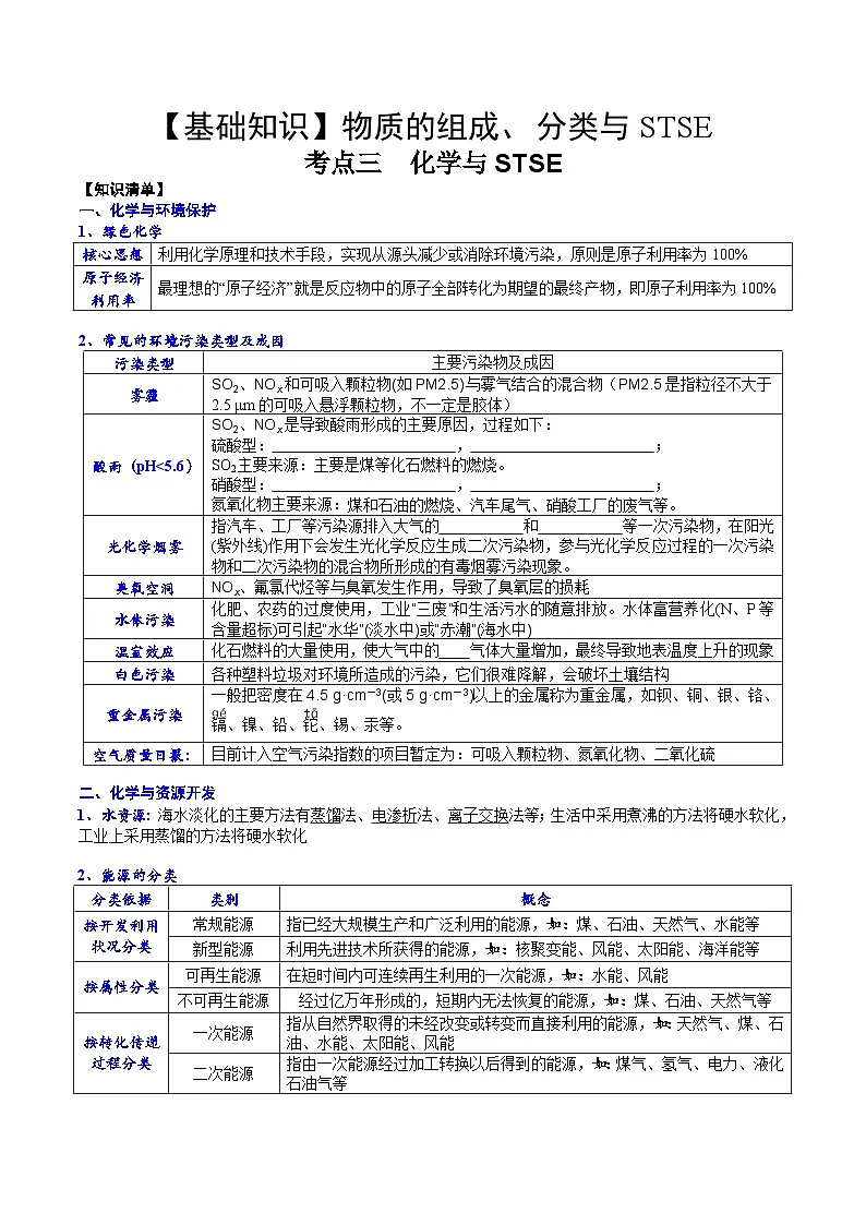 高考化学一轮复习基础知识讲义专题三 化学基本概念考点三 化学与STSE(学生版)第1页