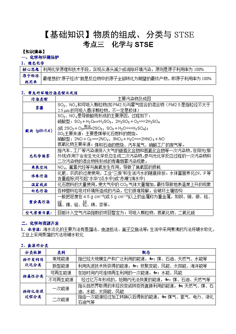 高考化学一轮复习基础知识讲义专题三 化学基本概念考点三 化学与STSE(解析版)第1页