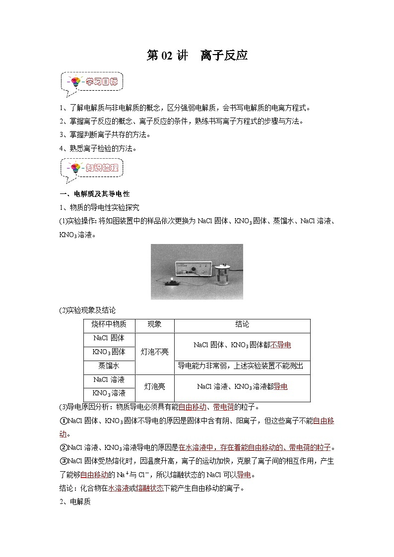 第02讲 离子反应-【暑假衔接】新高一化学暑假精品课(人教版)(教师版)第1页