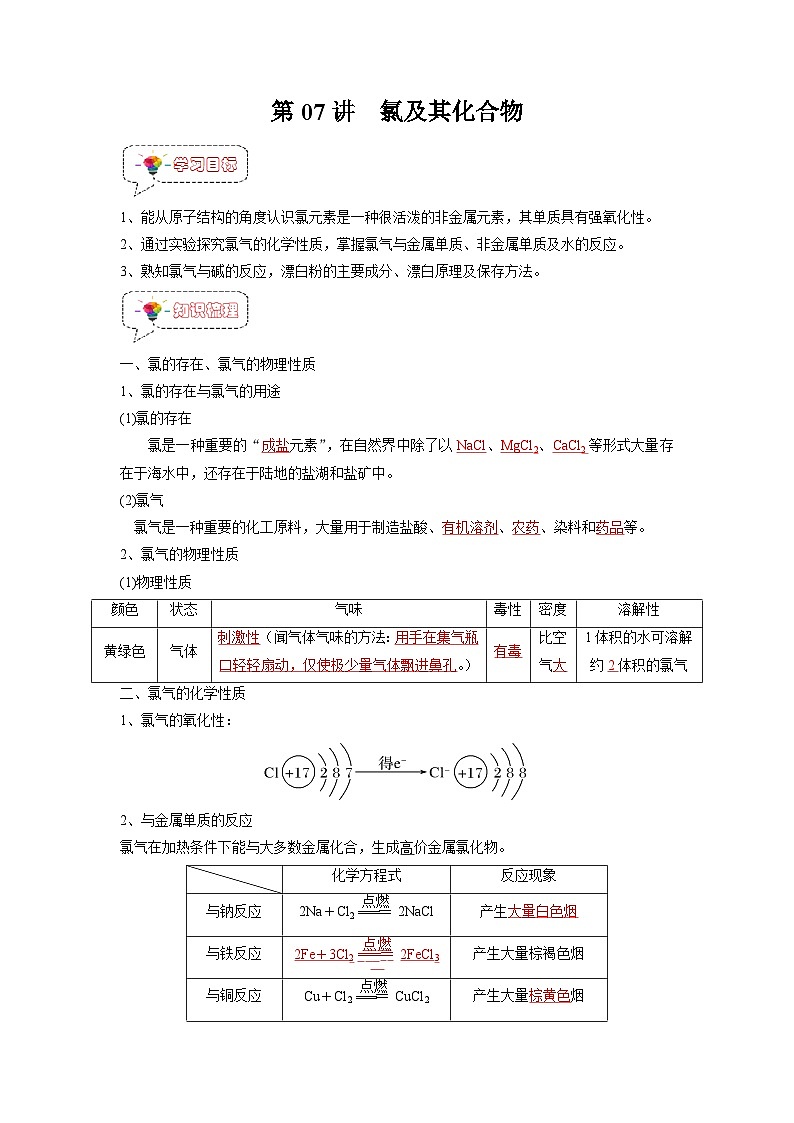 第07讲 氯及其化合物-【暑假衔接】新高一化学暑假精品课(人教版)(教师版)第1页
