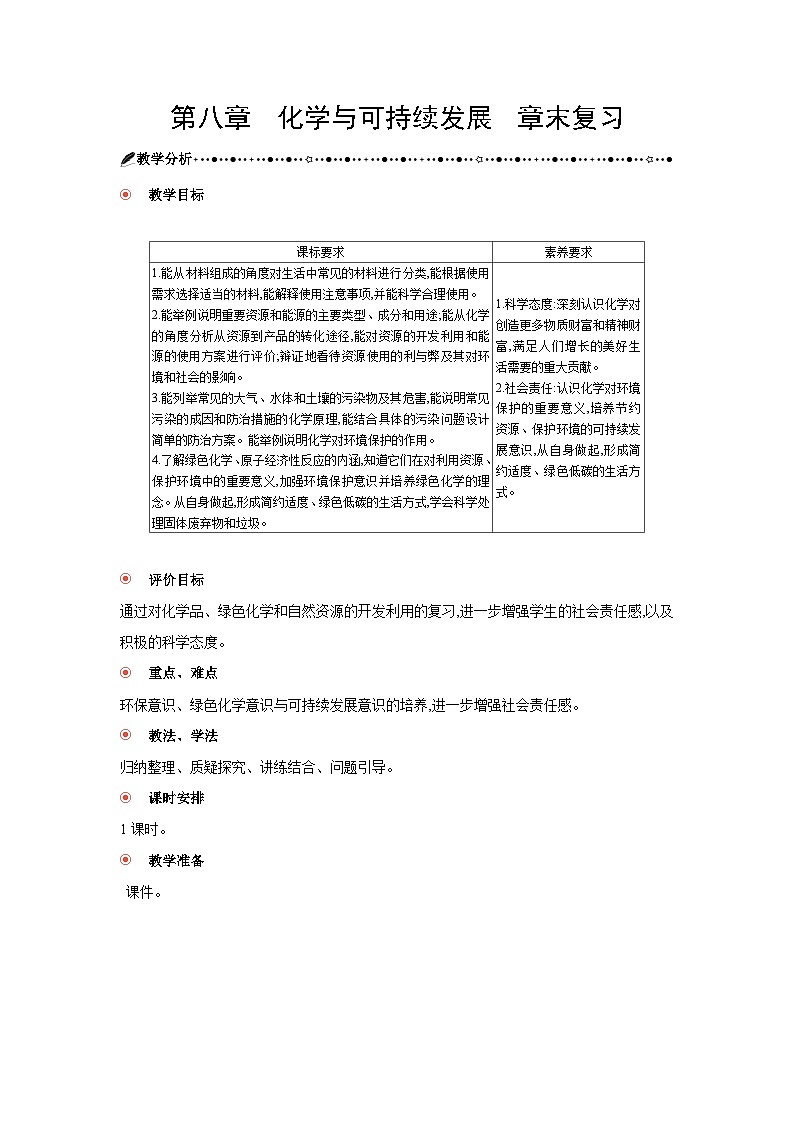 高中化学 第八章 化学与可持续发展 章末复习教案1第1页