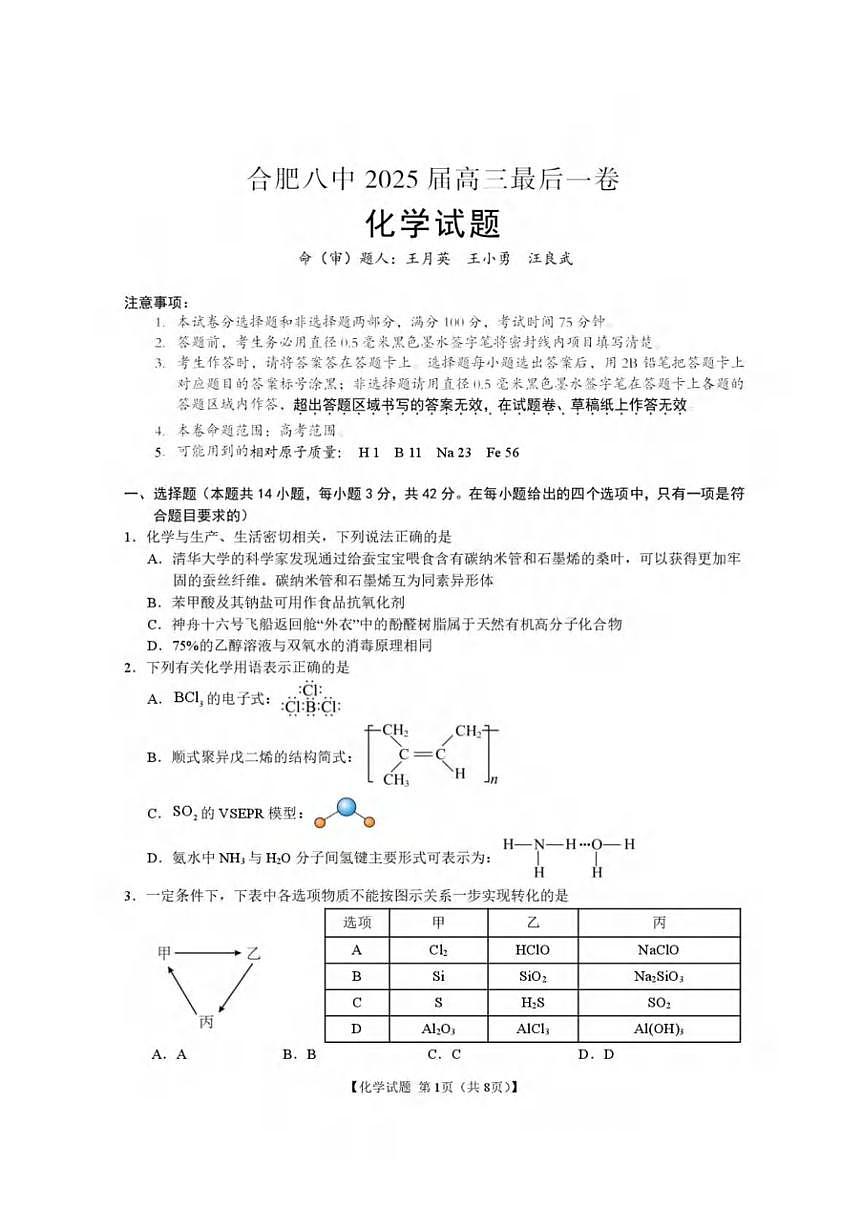 化学丨安徽省合肥市第八中学2025届高三下学期5月最后一卷试卷及答案第1页