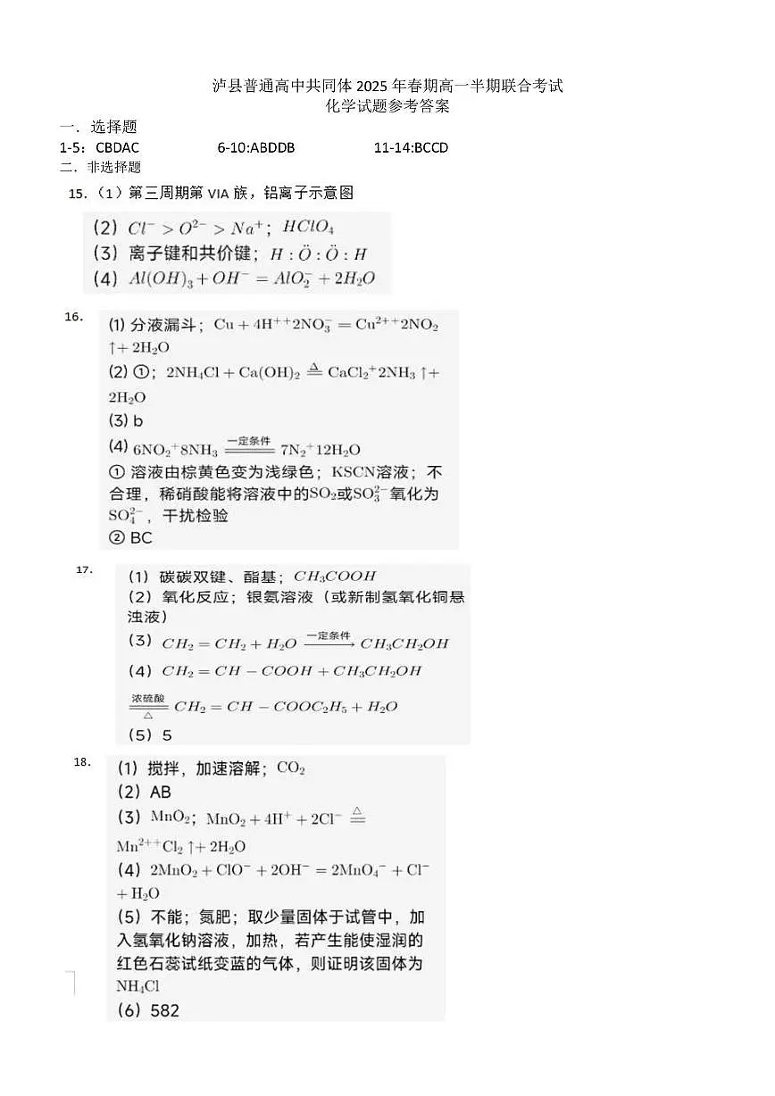 泸县普通高中共同体2025年春期高一半期联合考试化学试题 泸县普通高中共同体2025年春期高一半期联合考试化学试题答案第1页