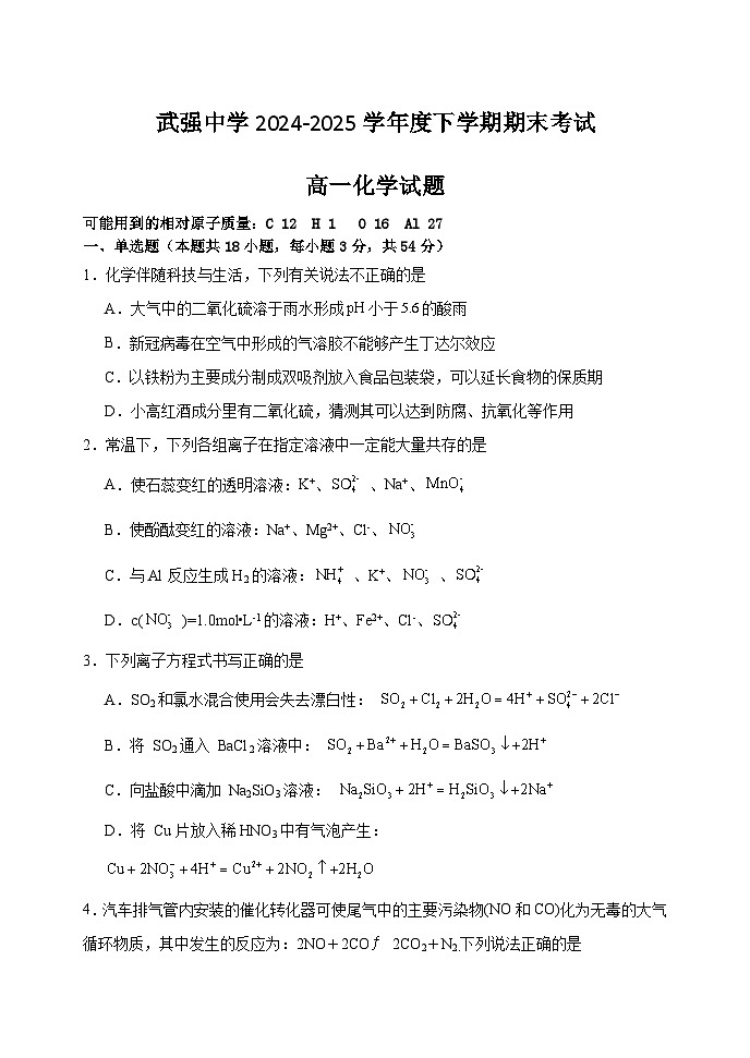 河北省武强中学2024-2025学年高一下学期期末考试 化学 含答案第1页