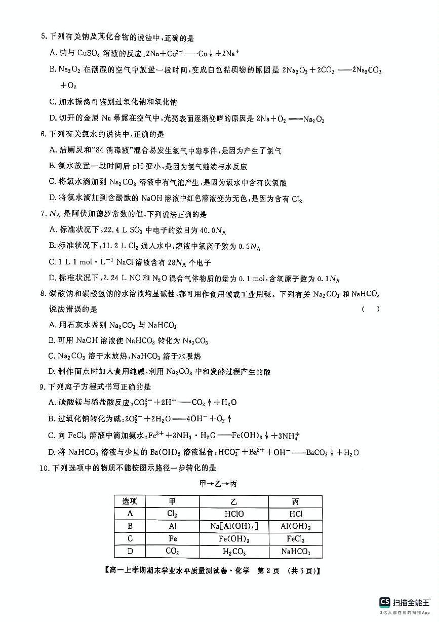 甘肃省甘南藏族自治州临潭县第一中学2024-2025学年高一上学期期末考试化学试题第2页