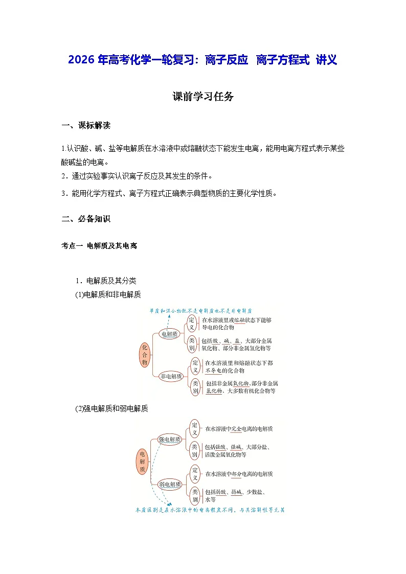 2026年高考化学一轮复习:离子反应 离子方程式 讲义(含练习题及答案)第1页