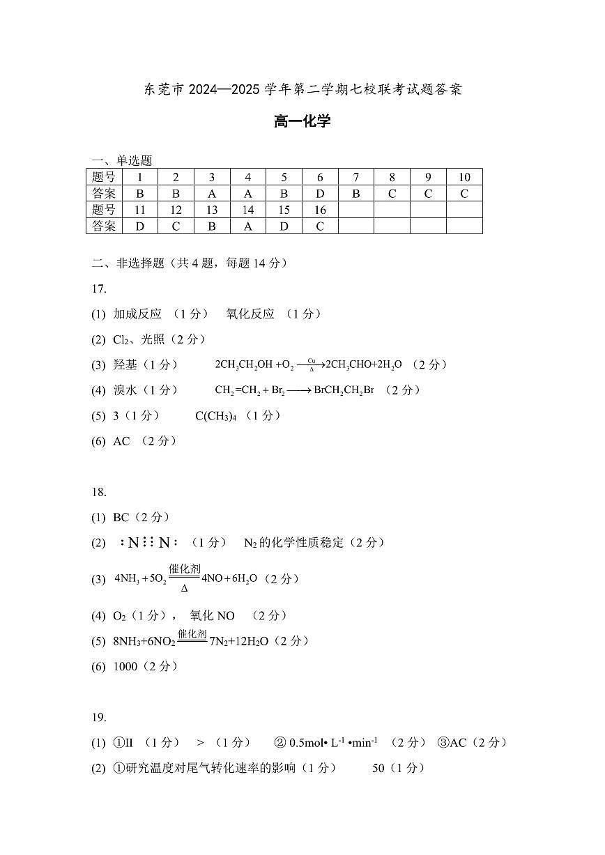 东莞市2024—2025学年第二学期七校联考试题高一化学答案第1页