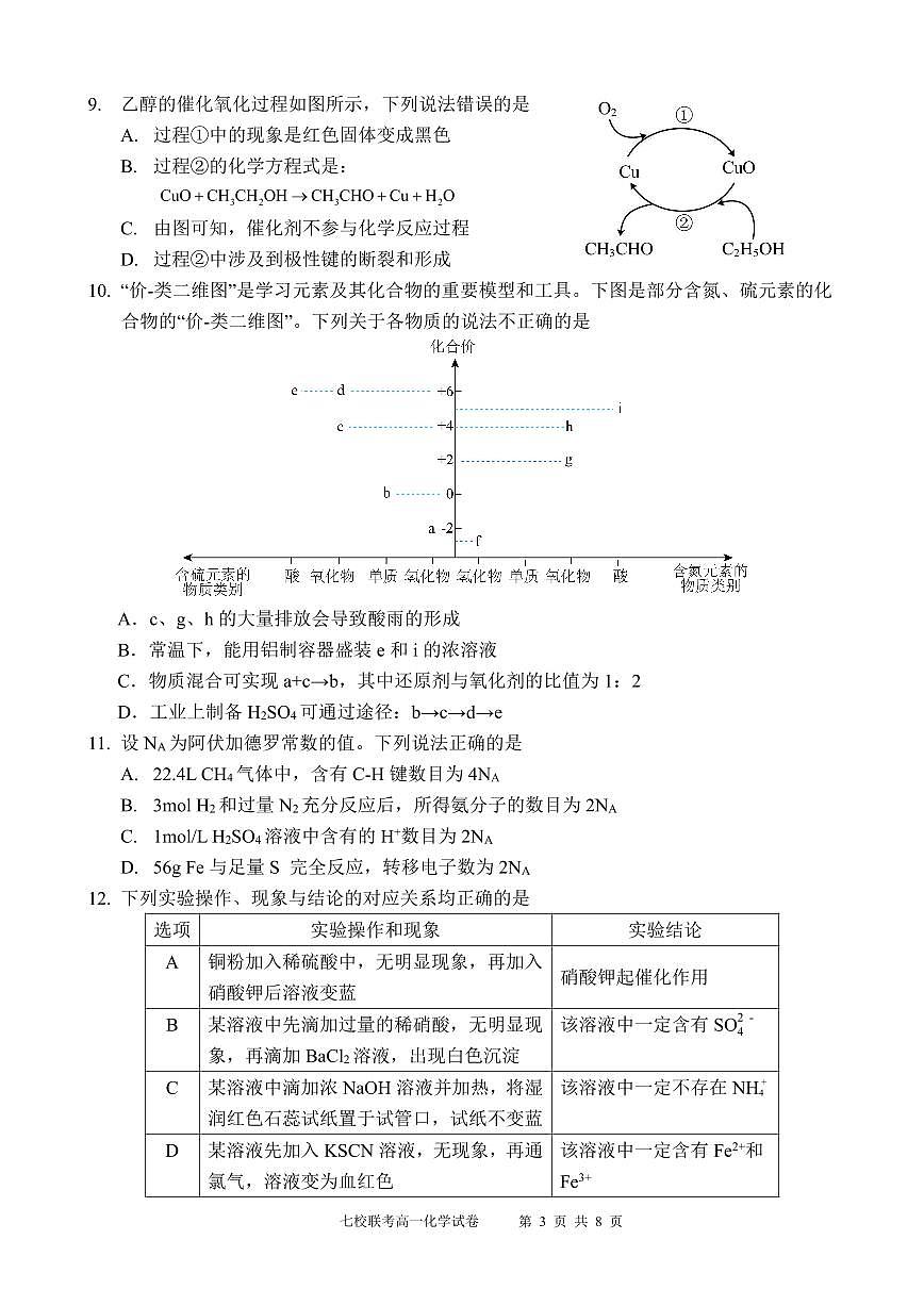 东莞市2024—2025学年第二学期七校联考试题高一化学试卷第3页