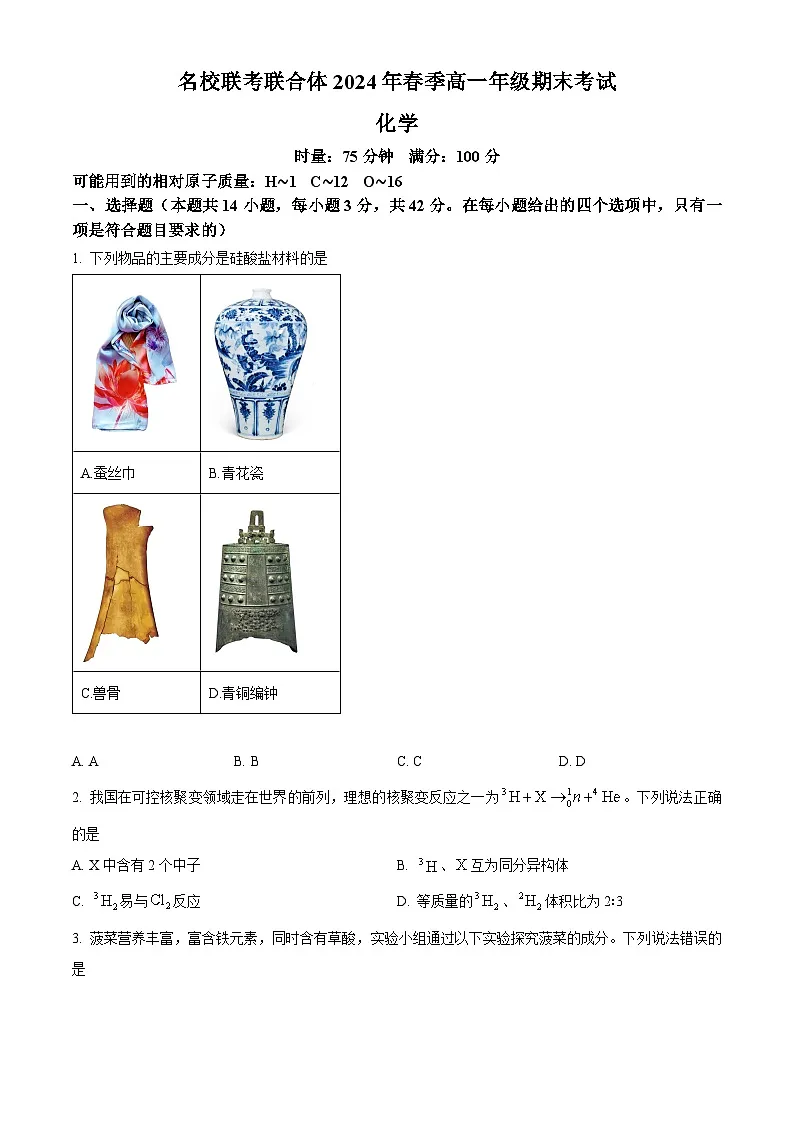 湖南省名校联考联合体2023-2024学年高一下学期期末考试化学试题(原卷版)第1页