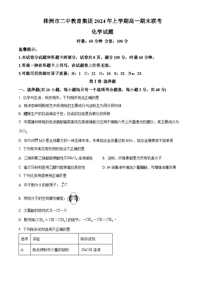 湖南省株洲市第二中学教育集团2023-2024学年高一下学期期末联考 化学试题(原卷版)第1页