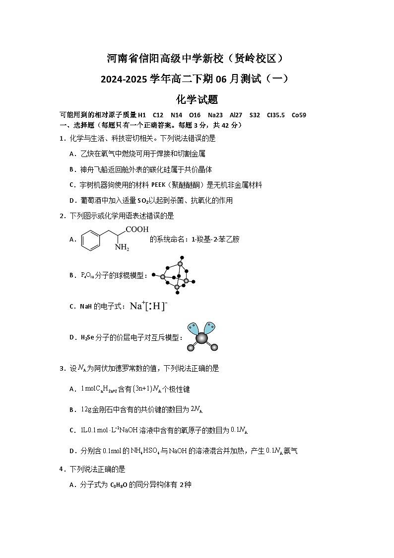 河南省信阳高级中学新校(贤岭校区)2024-2025学年高二下期06月测试(一)化学试题第1页