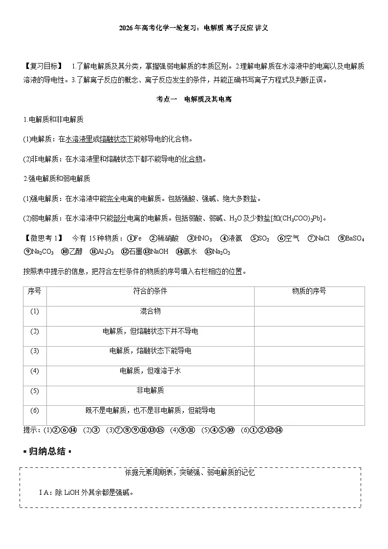 2026年高考化学一轮复习:电解质 离子反应 讲义 含答案第1页