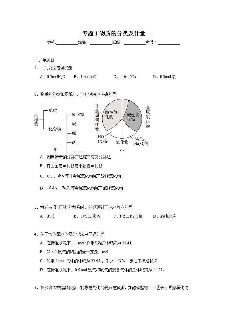 专题1物质的分类及计量期末章节复习练 苏教版化学必修第一册第1页