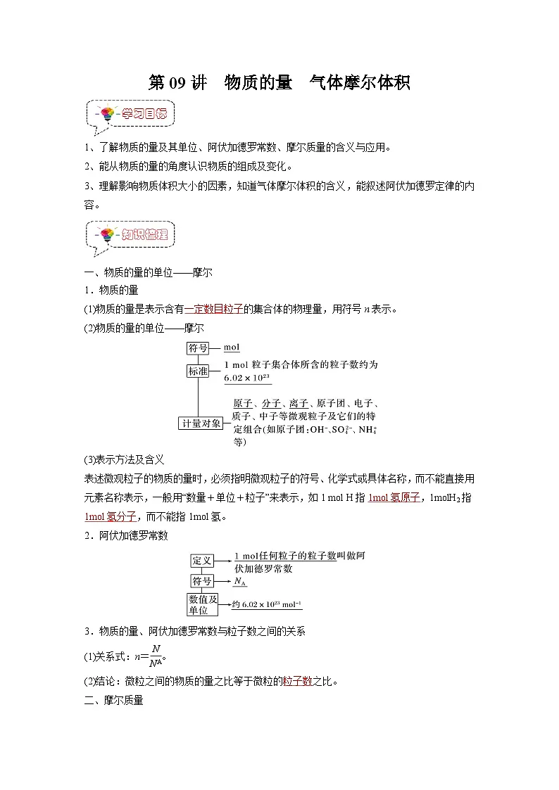第09讲 物质的量 气体摩尔体积-【暑假衔接】新高一化学暑假精品课(人教版)(教师版)第1页