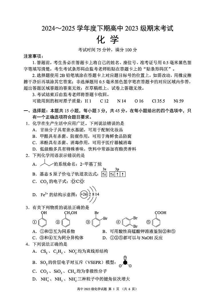 四川省成都市蓉城名校联盟2025届新高二下学期期末考试-化学试题+答案第1页