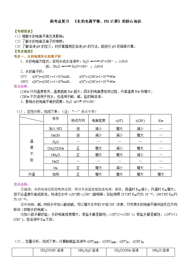 (通用)2026高考化学重难点系列讲义:《水的电离平衡、pH计算》的核心知识(基础)+巩固练习附解析第1页