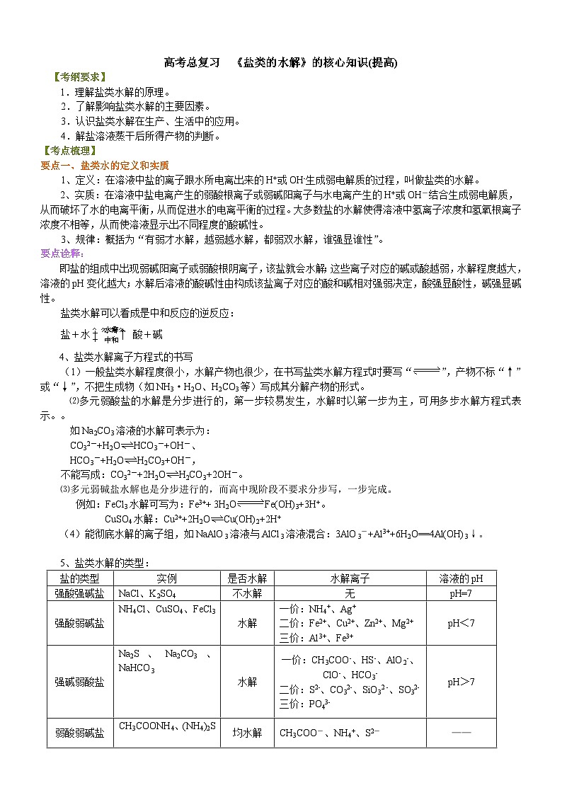 (通用)2026高考化学重难点系列讲义:《盐类的水解》的核心知识(提高)+巩固练习附解析第1页
