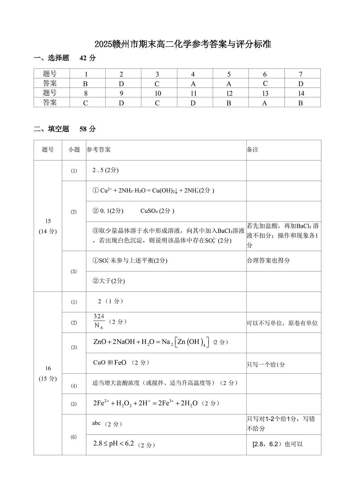 赣州市2024-2025高二下期末-化学答案第1页