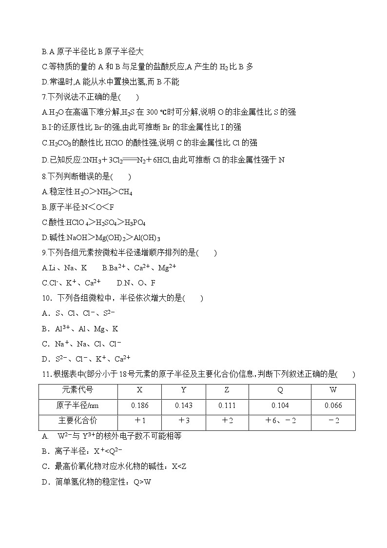 苏教版高中化学必修第一册5.1.1《元素周期律》分层练习(原卷)第2页