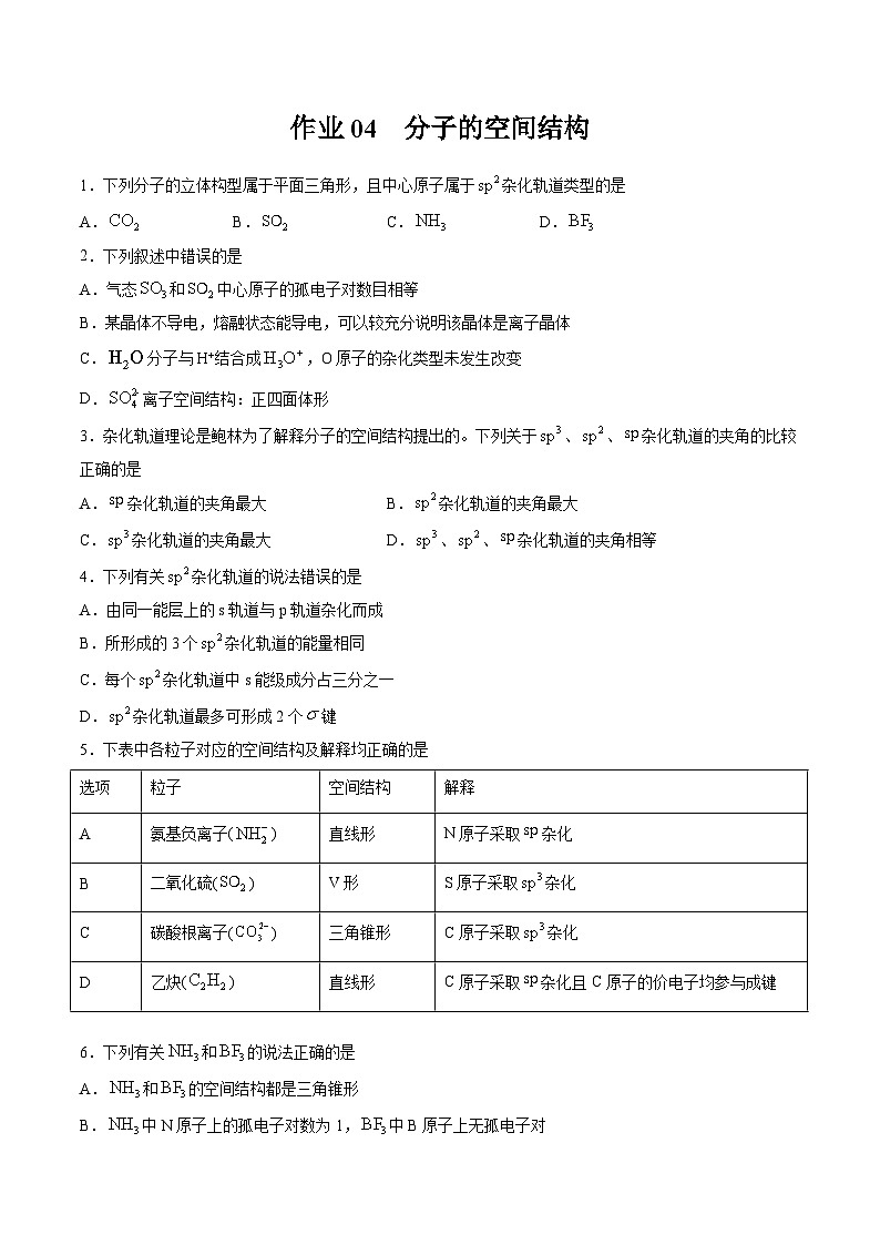 作業(yè)04 分子的空間結(jié)構(gòu)-高二化學(xué)暑假作業(yè)(人教版)(原卷版)第1頁