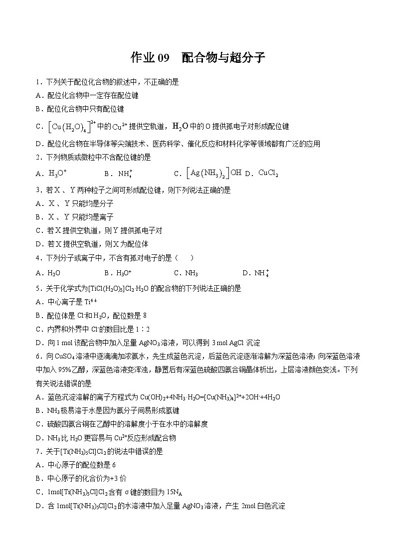 作業(yè)09 配合物與超分子-高二化學(xué)暑假作業(yè)（人教版）（原卷版）第1頁
